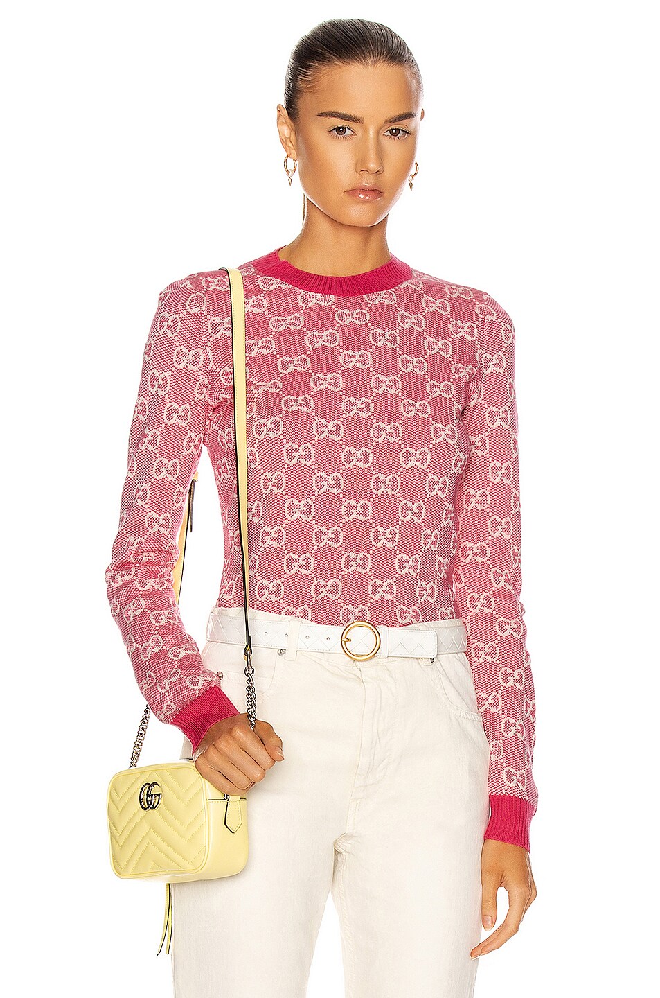 Image 1 of Gucci GG Long Sleeve Knit Top in Fuxia & White