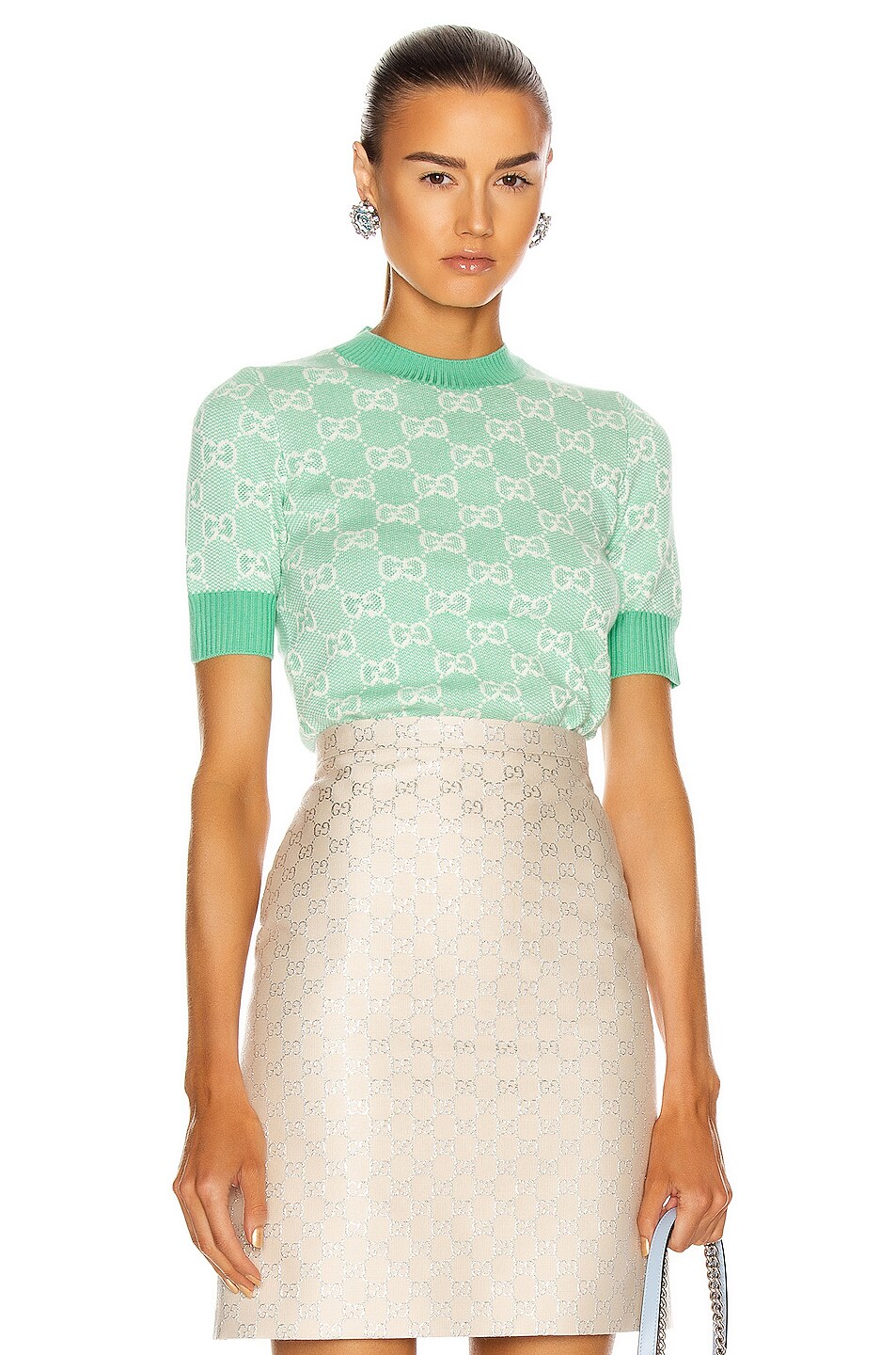 Image 1 of Gucci GG Knit Top in Water Green & Ivory