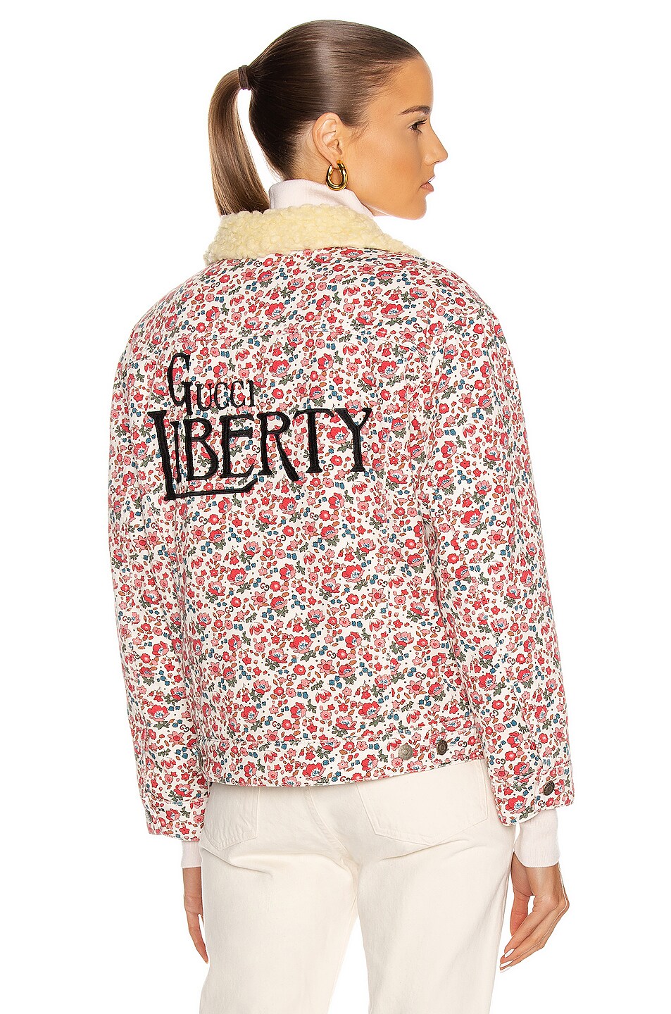 Image 1 of Gucci Liberty Shearling & Embroidered Jacket in Azalea