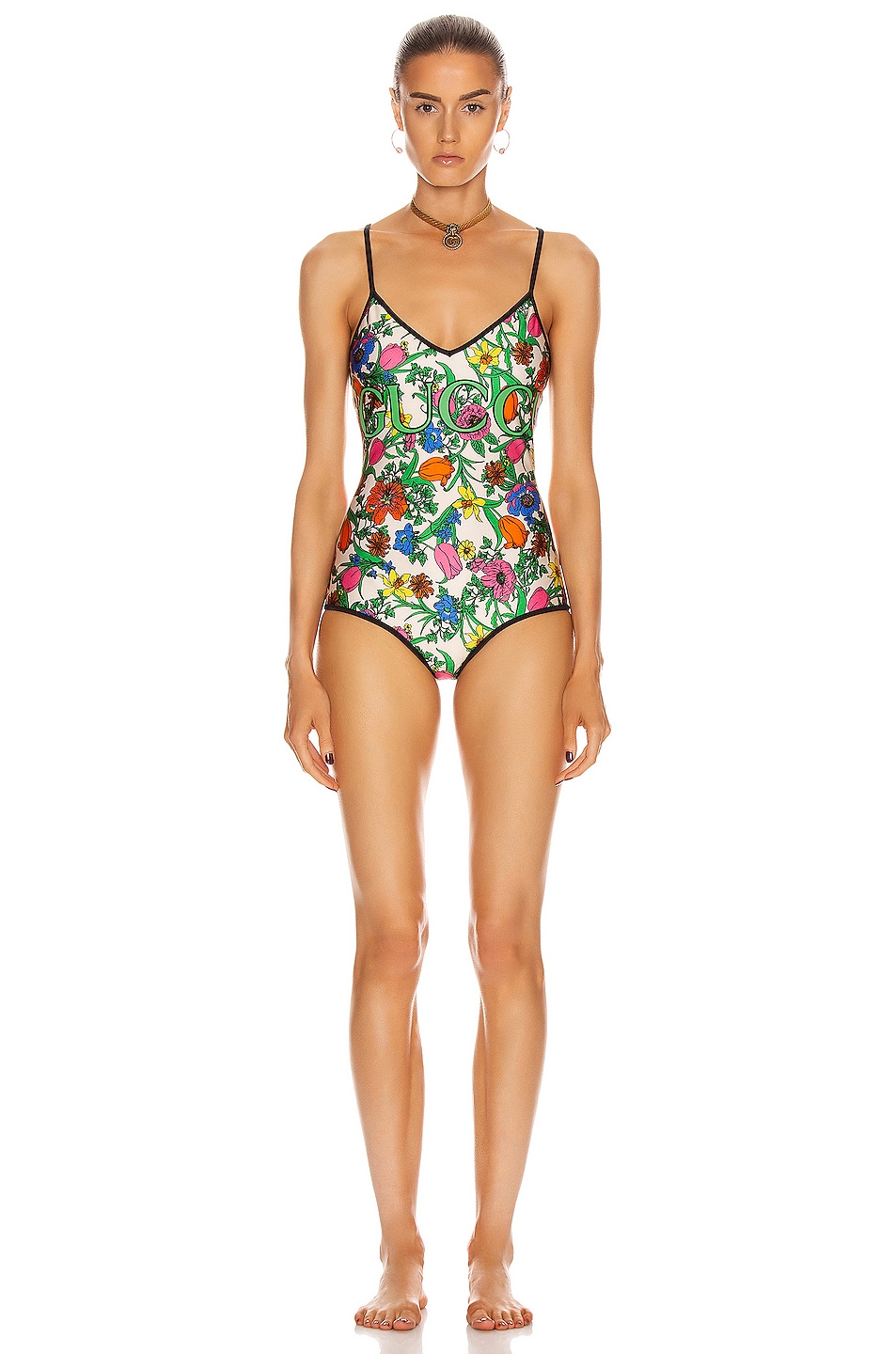 Image 1 of Gucci Floral One Piece Swimsuit in Ivory & Pink