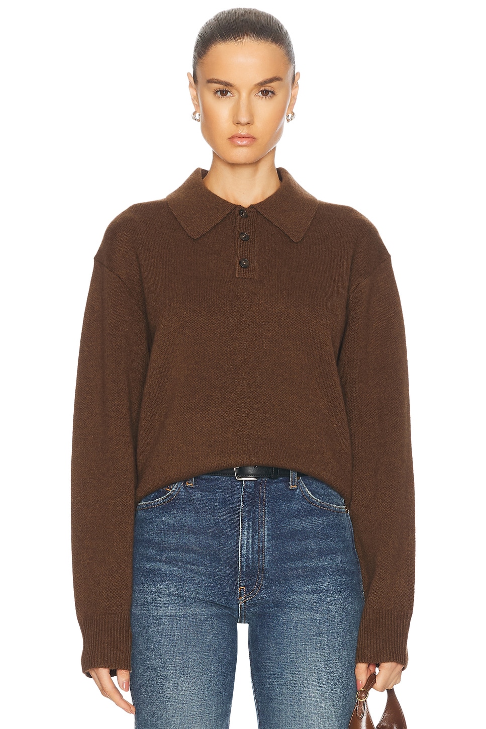 Image 1 of Guest In Residence Allday Long Sleeve Polo in Cashmere in Chestnut