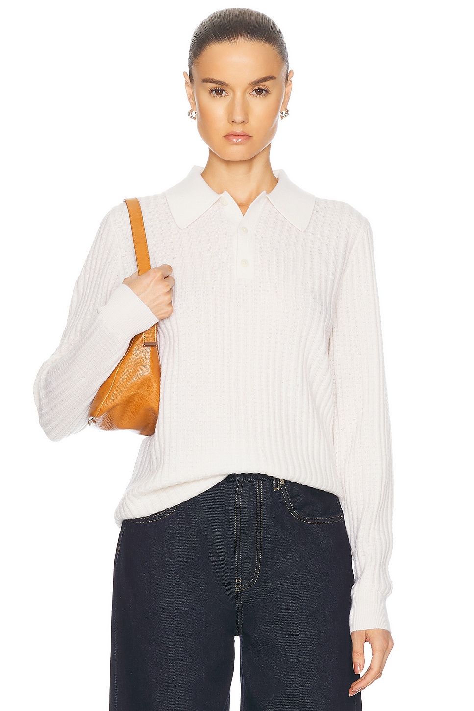 Image 1 of Guest In Residence Theo Waffle Long Sleeve Polo in Cashmere in Cream