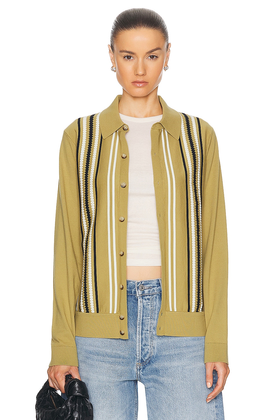 Image 1 of Guest In Residence Stripe Plaza Shirt in Olive, Cream, & Midnight