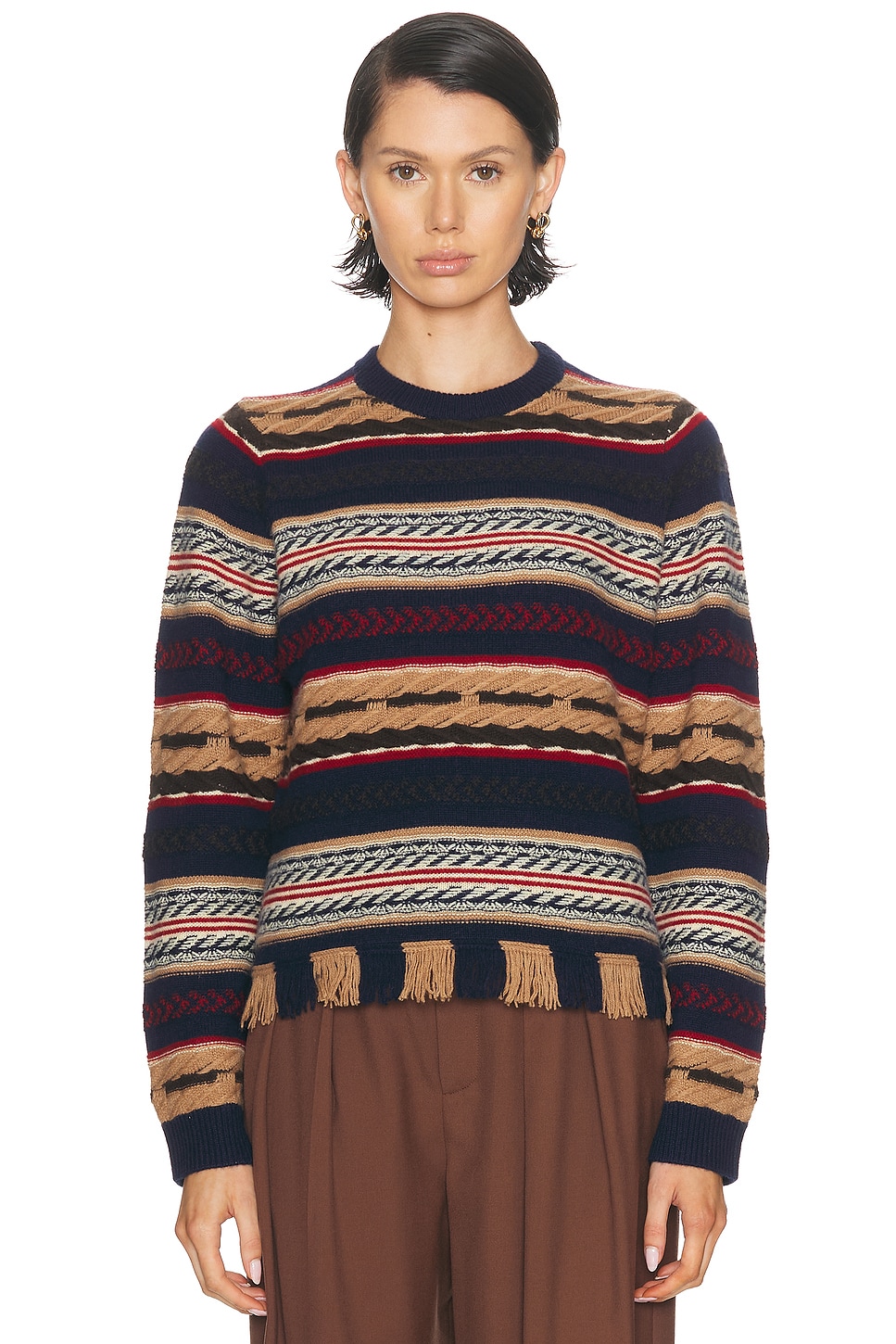 Guest In Residence Western Fringed Striped Wool And Cashmere-blend Sweater In Brown
