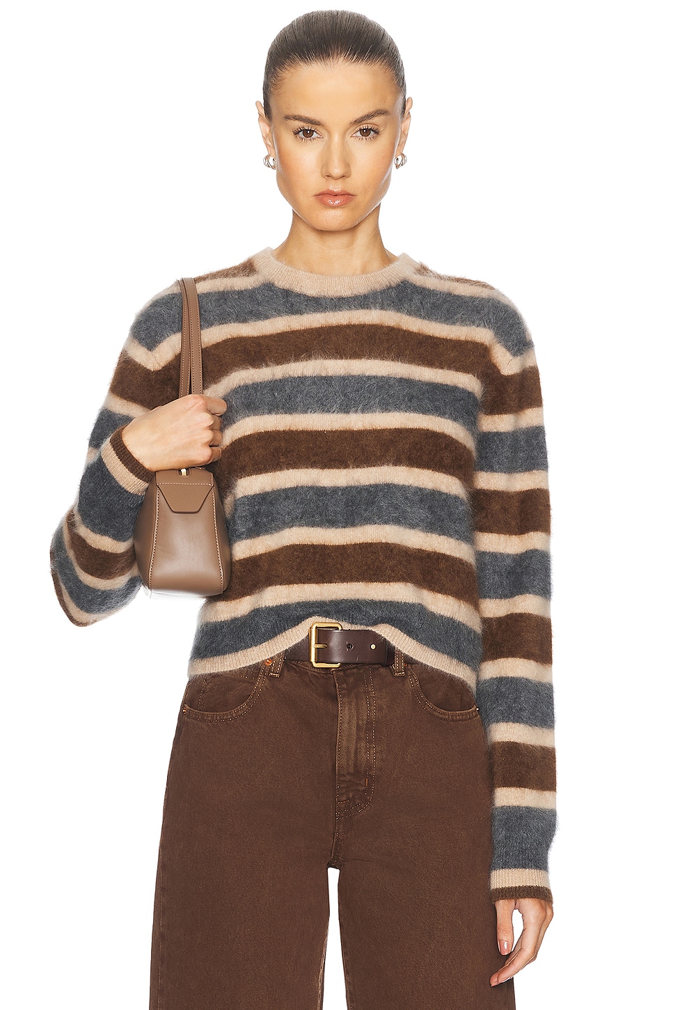 Image 1 of Guest In Residence Grizzly Stripe Cashmere Crew Sweater in Chestnut Combo