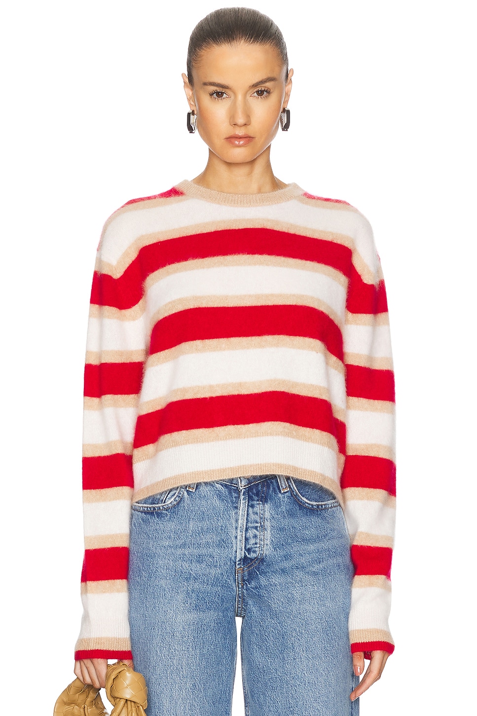 Image 1 of Guest In Residence Grizzly Stripe Crew Sweater in Dune, True Red & Cream