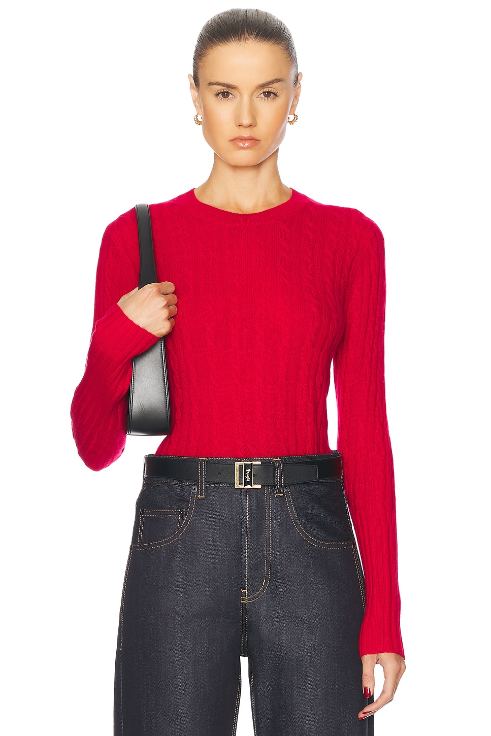 Cable Shrunken Cashmere Crew Sweater in Red