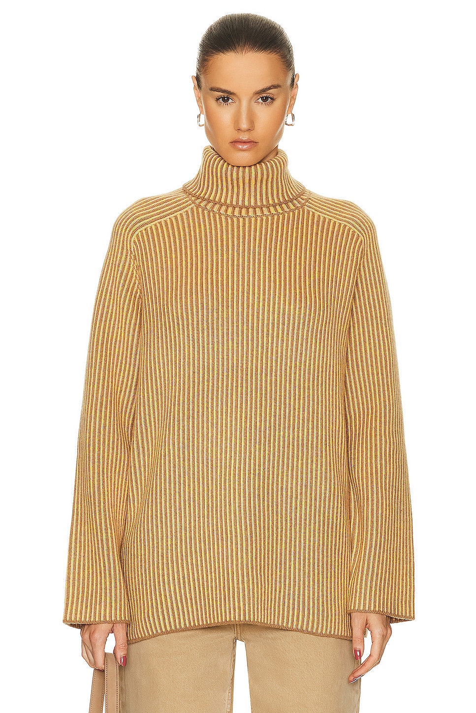 Image 1 of Guest In Residence Tri Rib Turtleneck Sweater in Almond, Coral, & Yellow