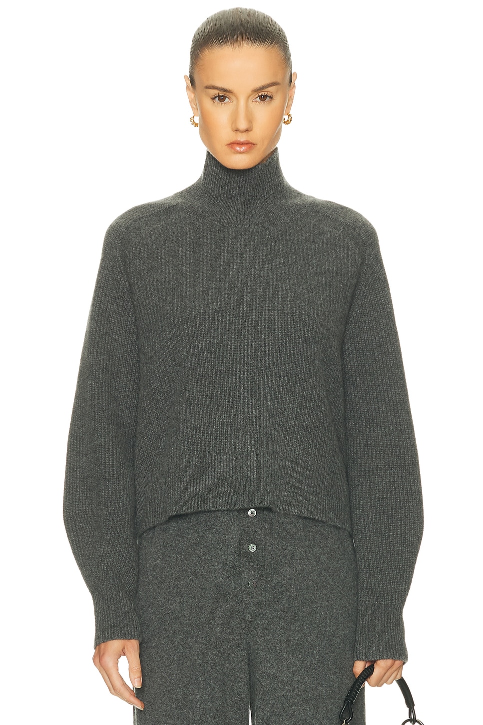 Image 1 of Guest In Residence Cropped Rib Turtleneck Sweater in Charcoal