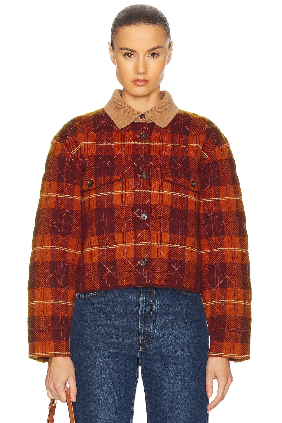 Tartan Cropped Cashmere Jacket in Burgundy