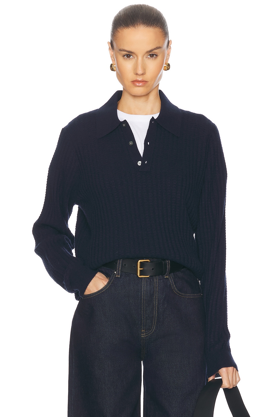 Shop Guest In Residence Theo Waffle Polo Cashmere Top In Midnight