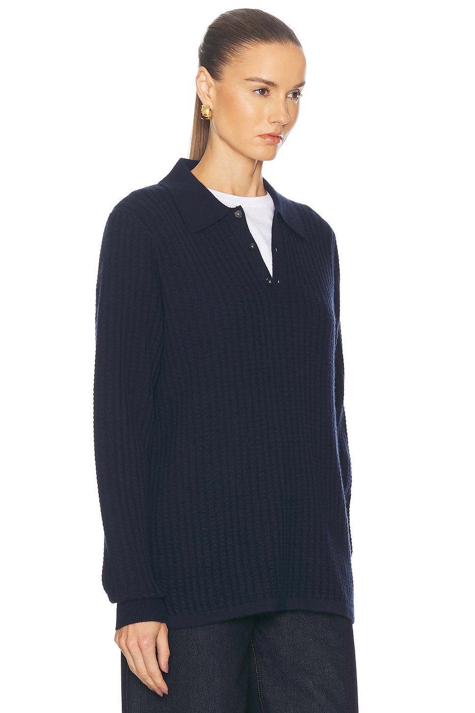 Shop Guest In Residence Theo Waffle Polo Cashmere Top In Midnight