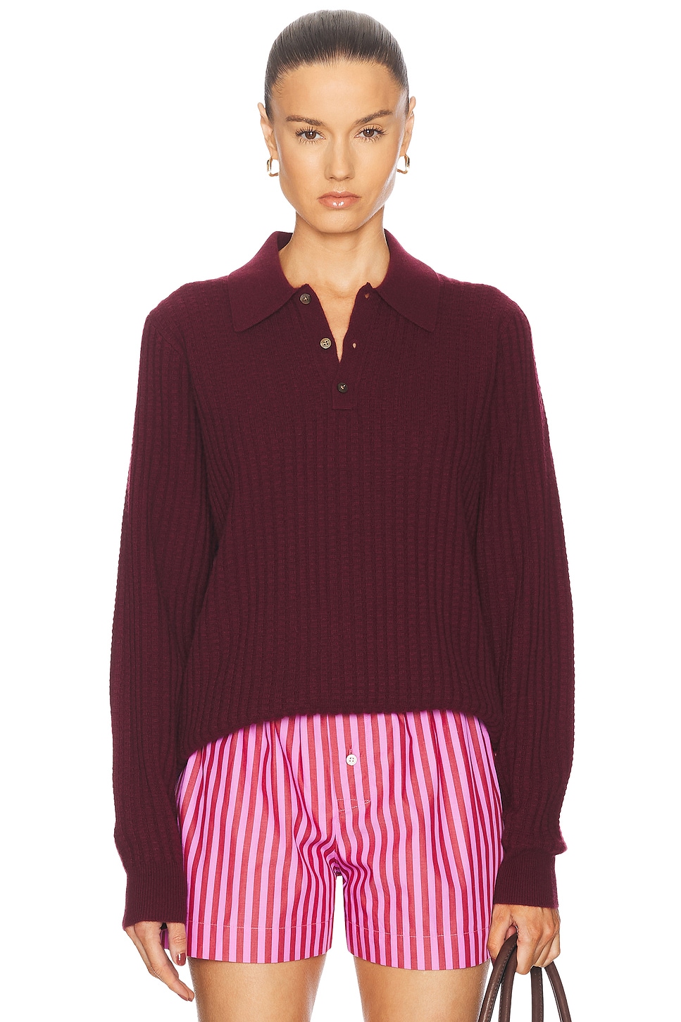 Theo Waffle Polo Cashmere Top in Burgundy