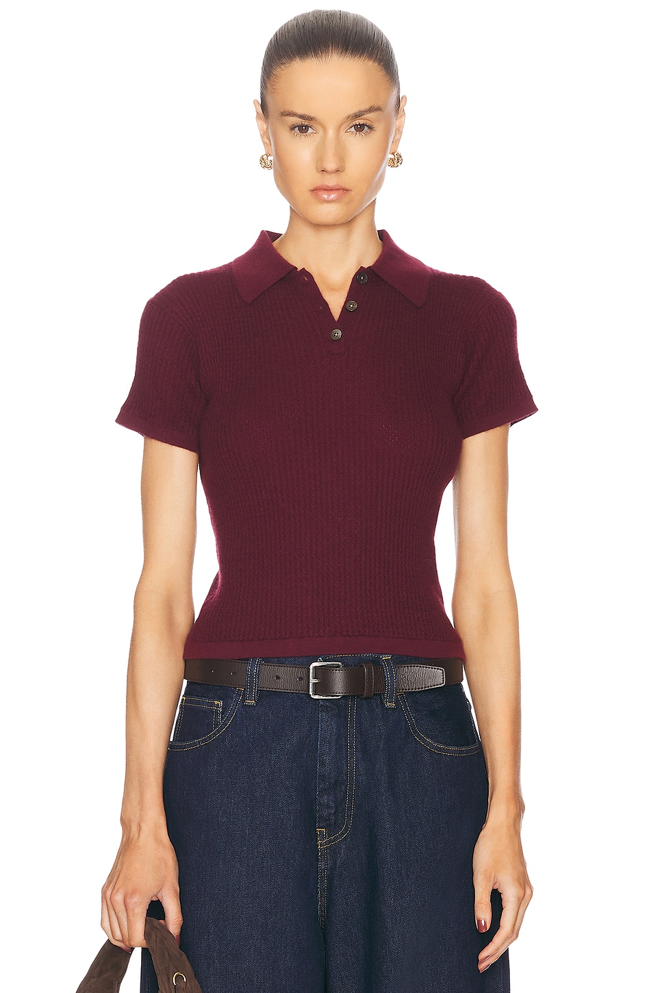 Shrunken Cashmere Polo Top in Burgundy