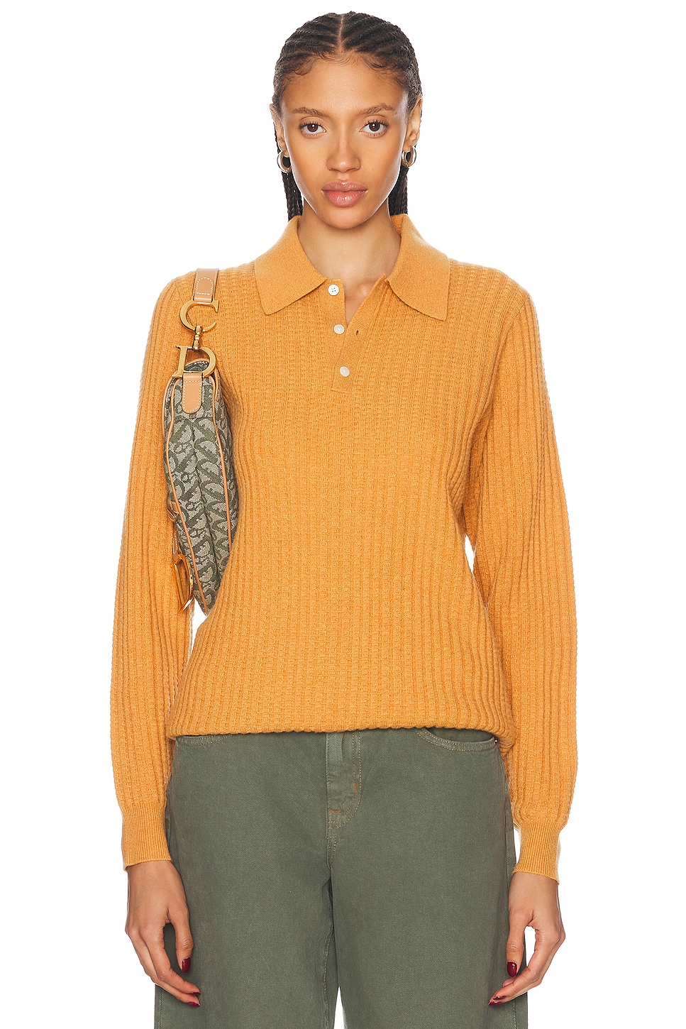 Theo Waffle Polo Cashmere Top in Orange