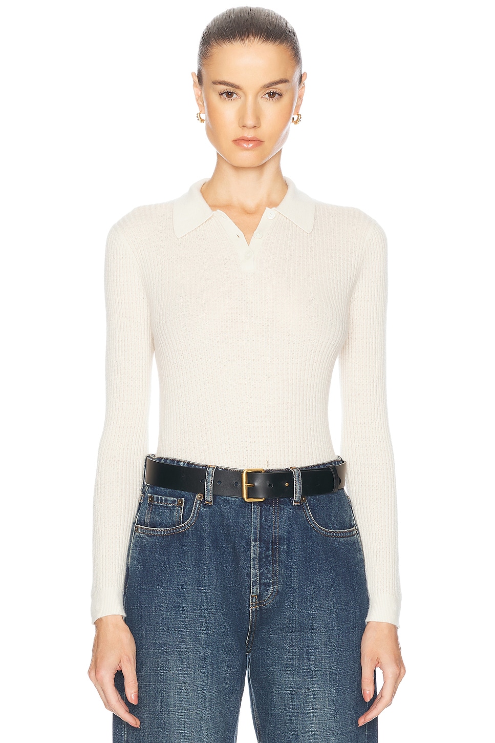 Long Sleeve Cashmere Shrunken Polo in Cream