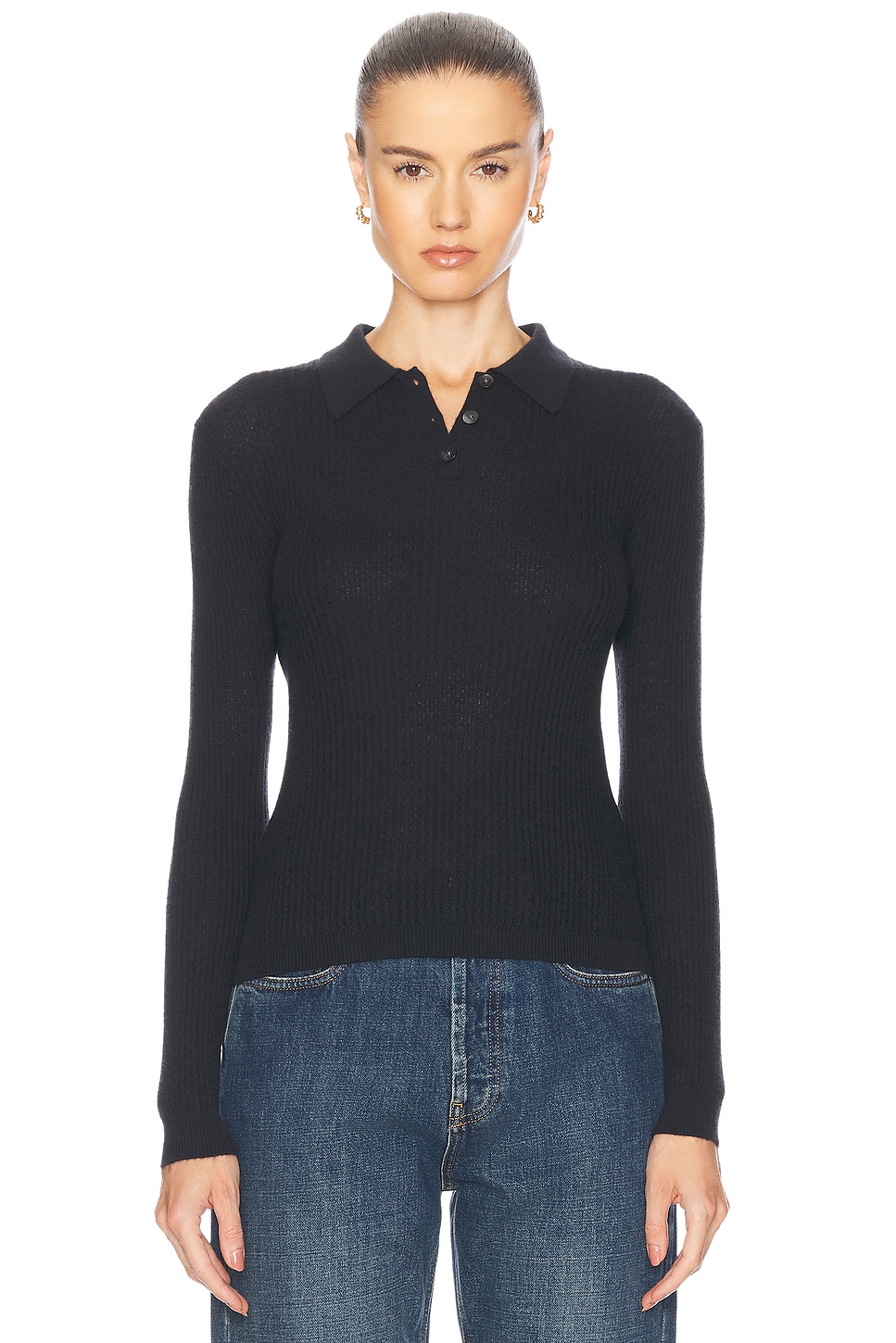 Long Sleeve Shrunken Polo Top in Black