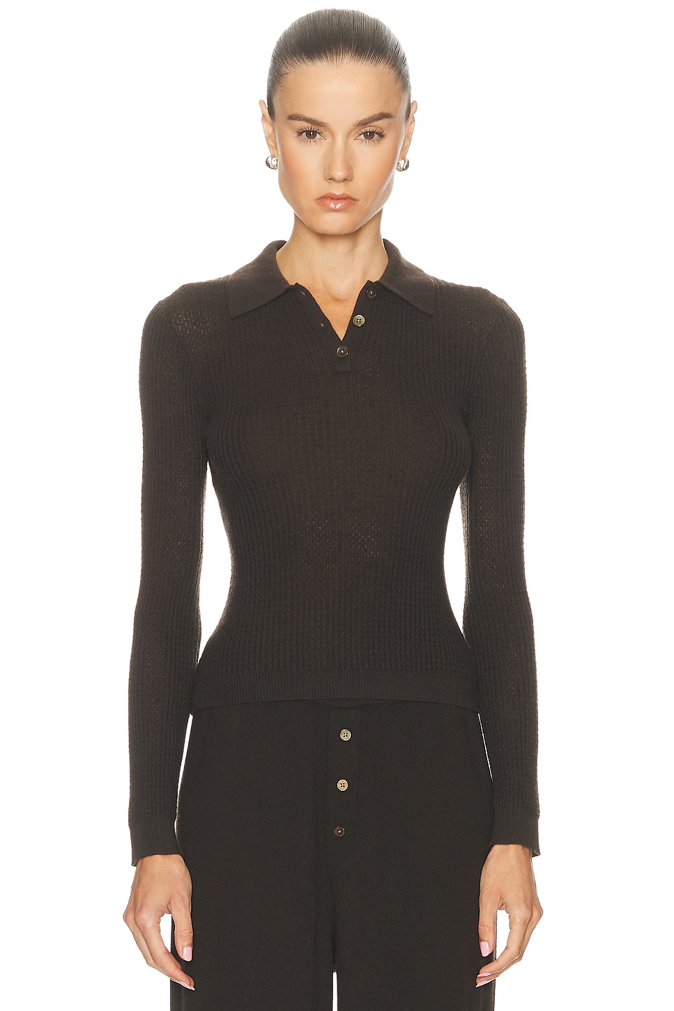 Guest In Residence Long Sleeve Shrunken Polo Top In Brown