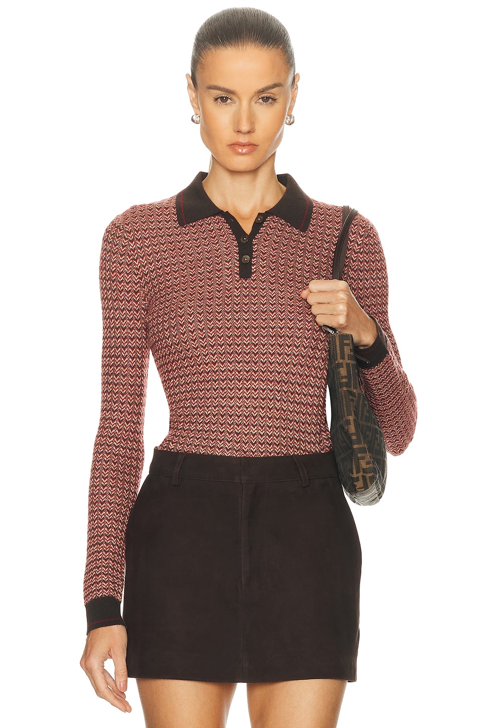 Image 1 of Guest In Residence Chevron Long Sleeve Shrunken Polo Top in Burnt Cocoa Combo