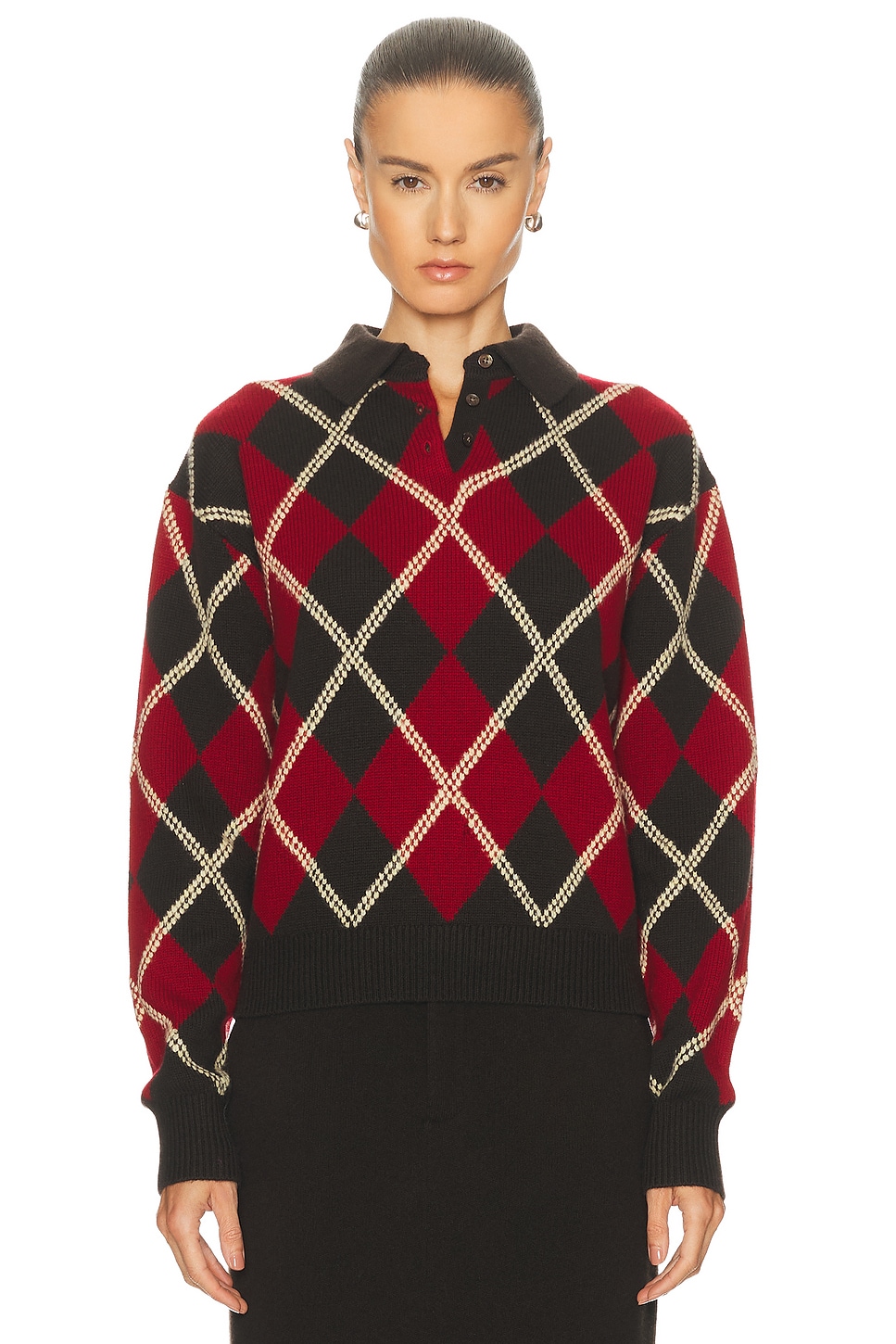 Image 1 of Guest In Residence Collegiate Argyle Polo Top in Burnt Cocoa Combo