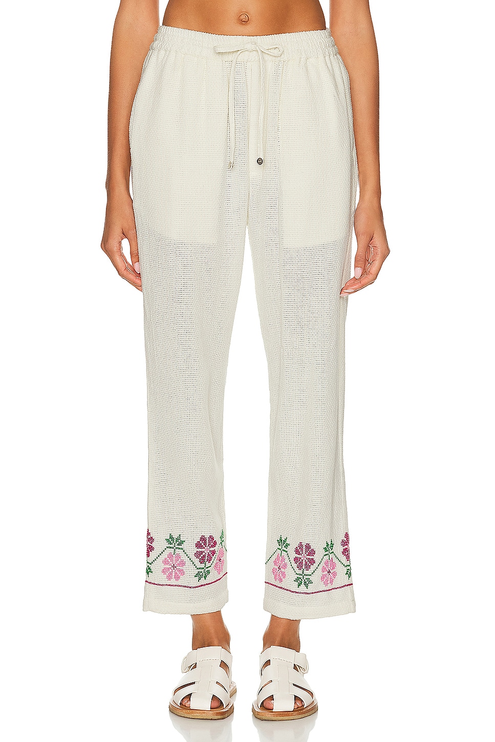 Image 1 of HARAGO Floral Embroidered Pants in Off White