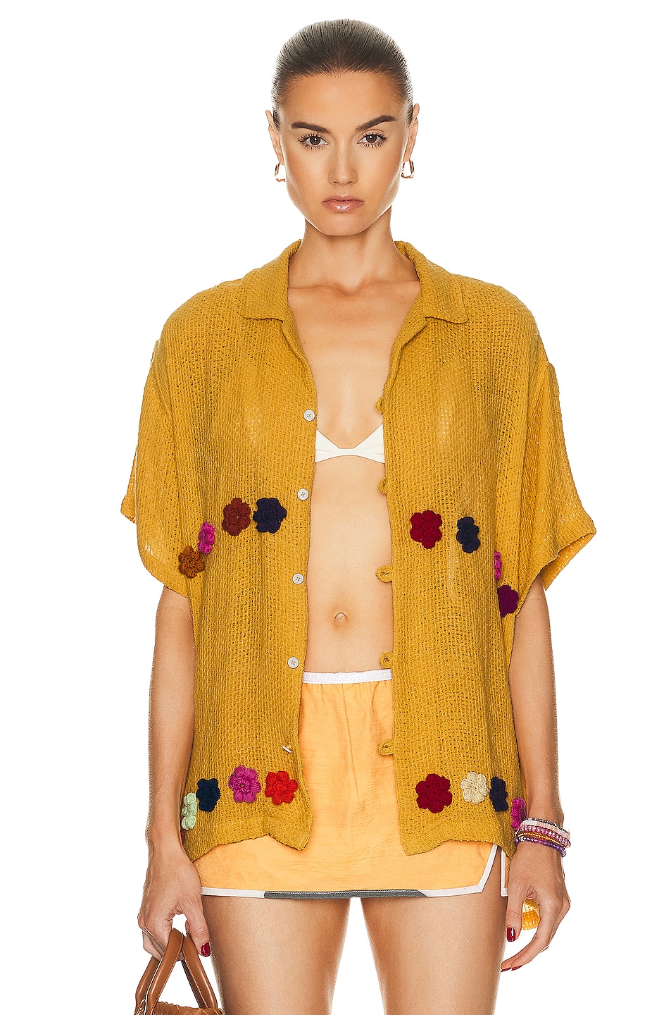 Image 1 of HARAGO Crochet Flower Shirt in Yellow