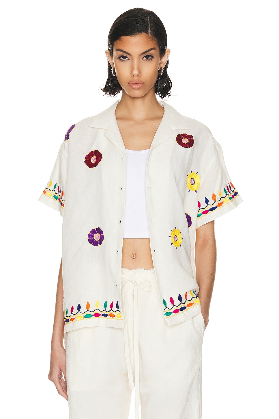 Image 1 of HARAGO Vintage Floral Embroidered Shirt in Off White
