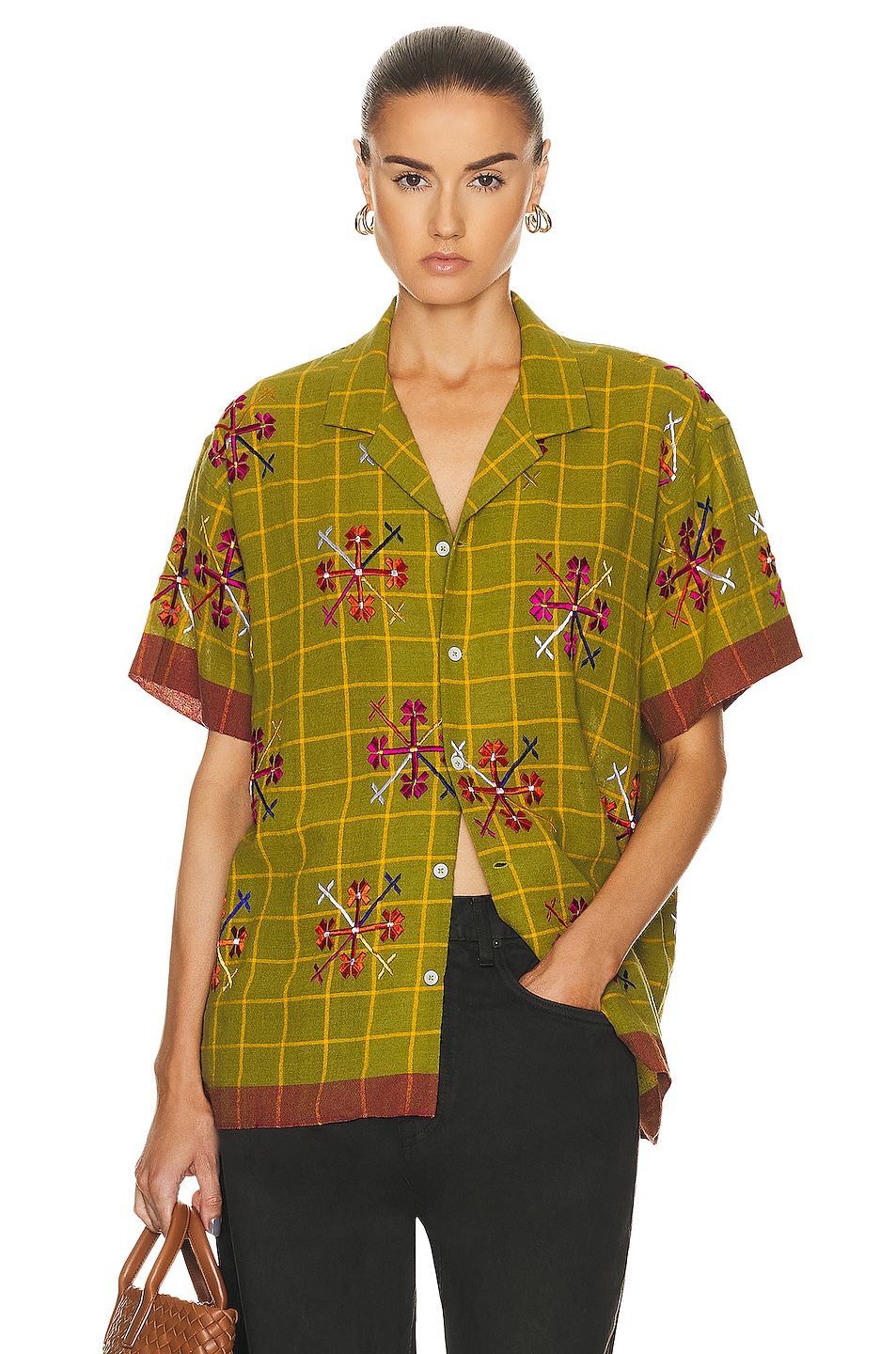 Image 1 of HARAGO Floral Embroidered Shirt in Green