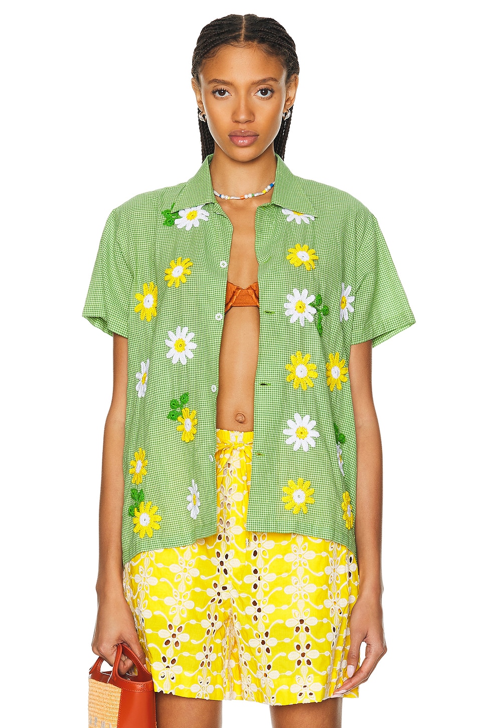 Image 1 of HARAGO Crochet Applique Shirt in Green