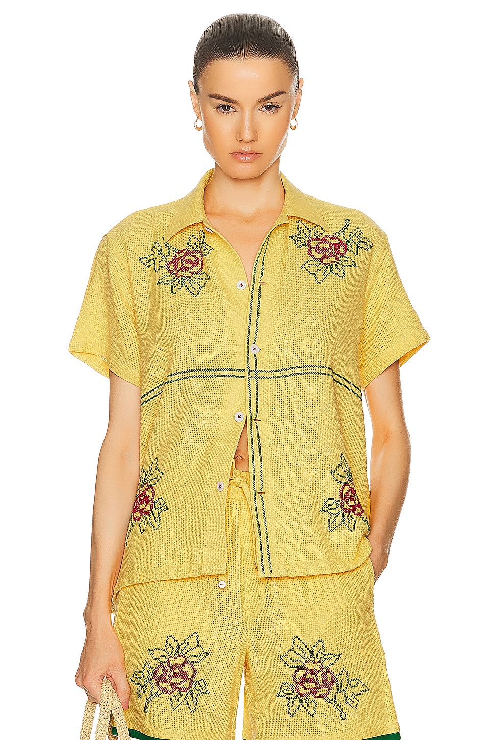 Image 1 of HARAGO Cross Stitch Floral Short Sleeve Shirt in Yellow