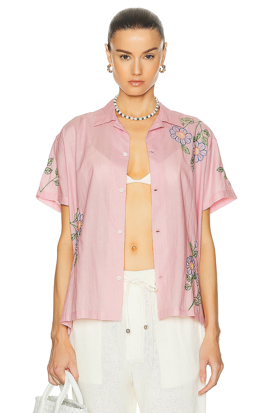 Image 1 of HARAGO Embroidered Short Sleeve Shirt in Pink