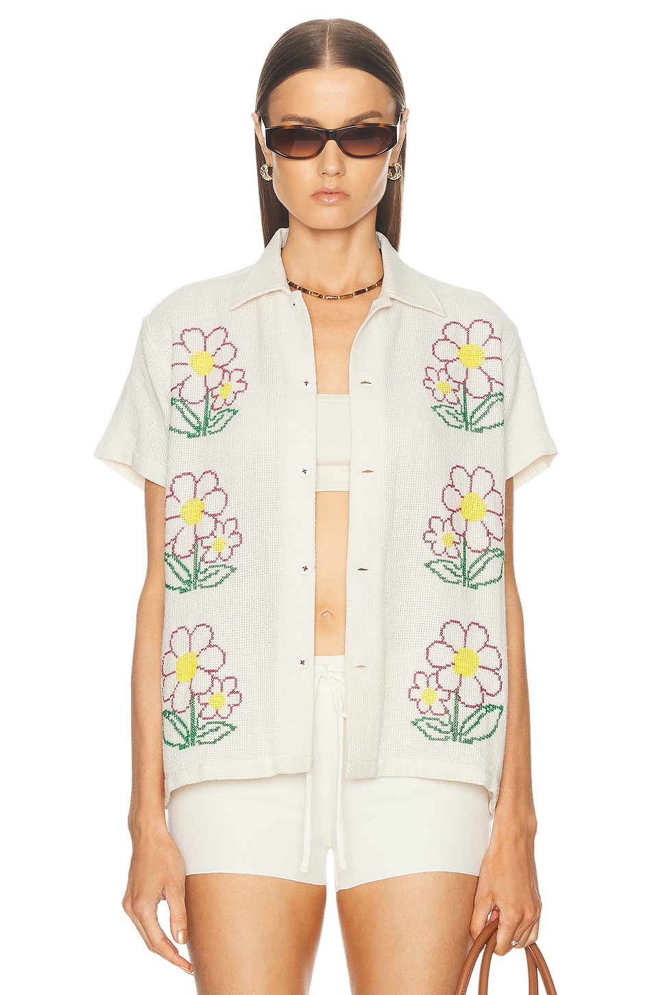 Image 1 of HARAGO Daisy Cross Stitched Shirt in Off white