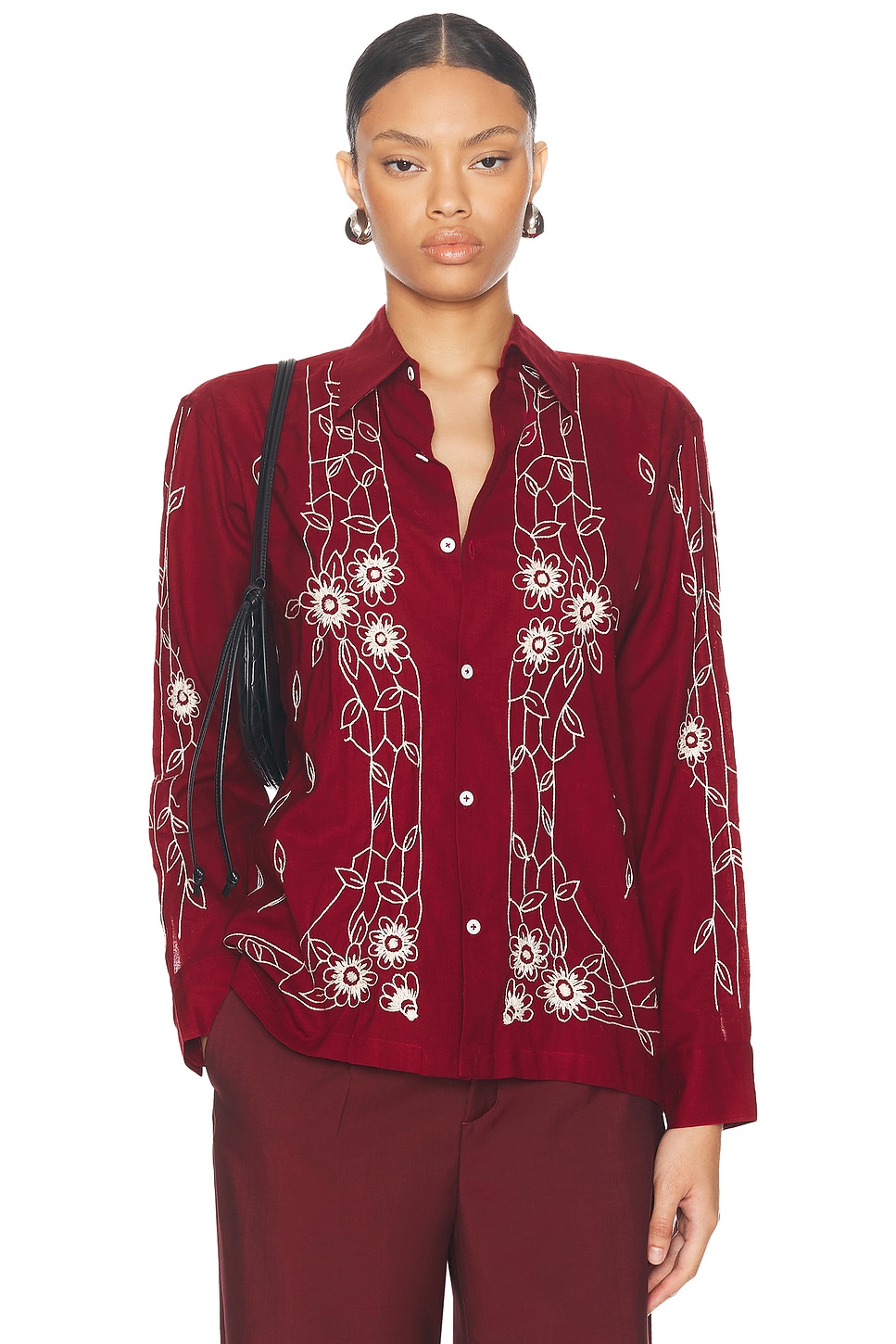 Image 1 of HARAGO Floral Embroidered Shirt in Burgundy