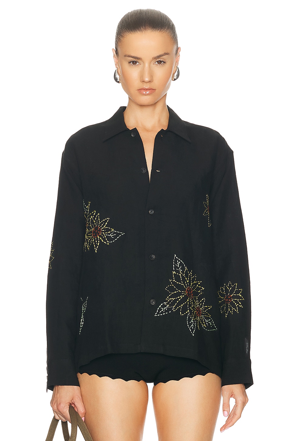 Image 1 of HARAGO Sunflower Embroidered Shirt in Black