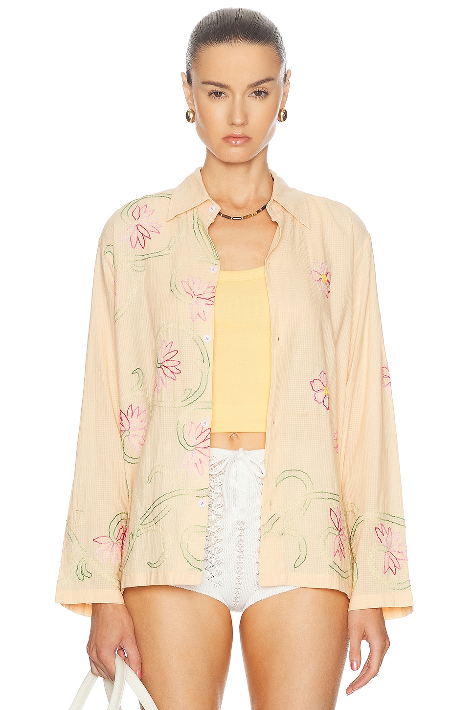 Image 1 of HARAGO Floral Embroidered Shirt in Light Yellow