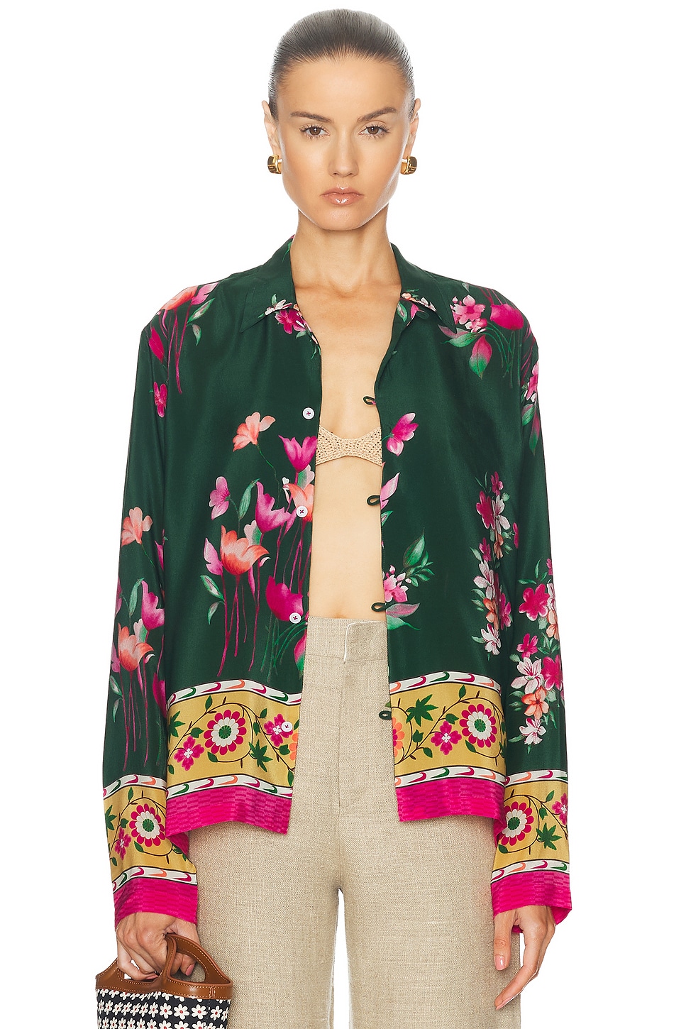 Image 1 of HARAGO Floral Printed Shirt in Green