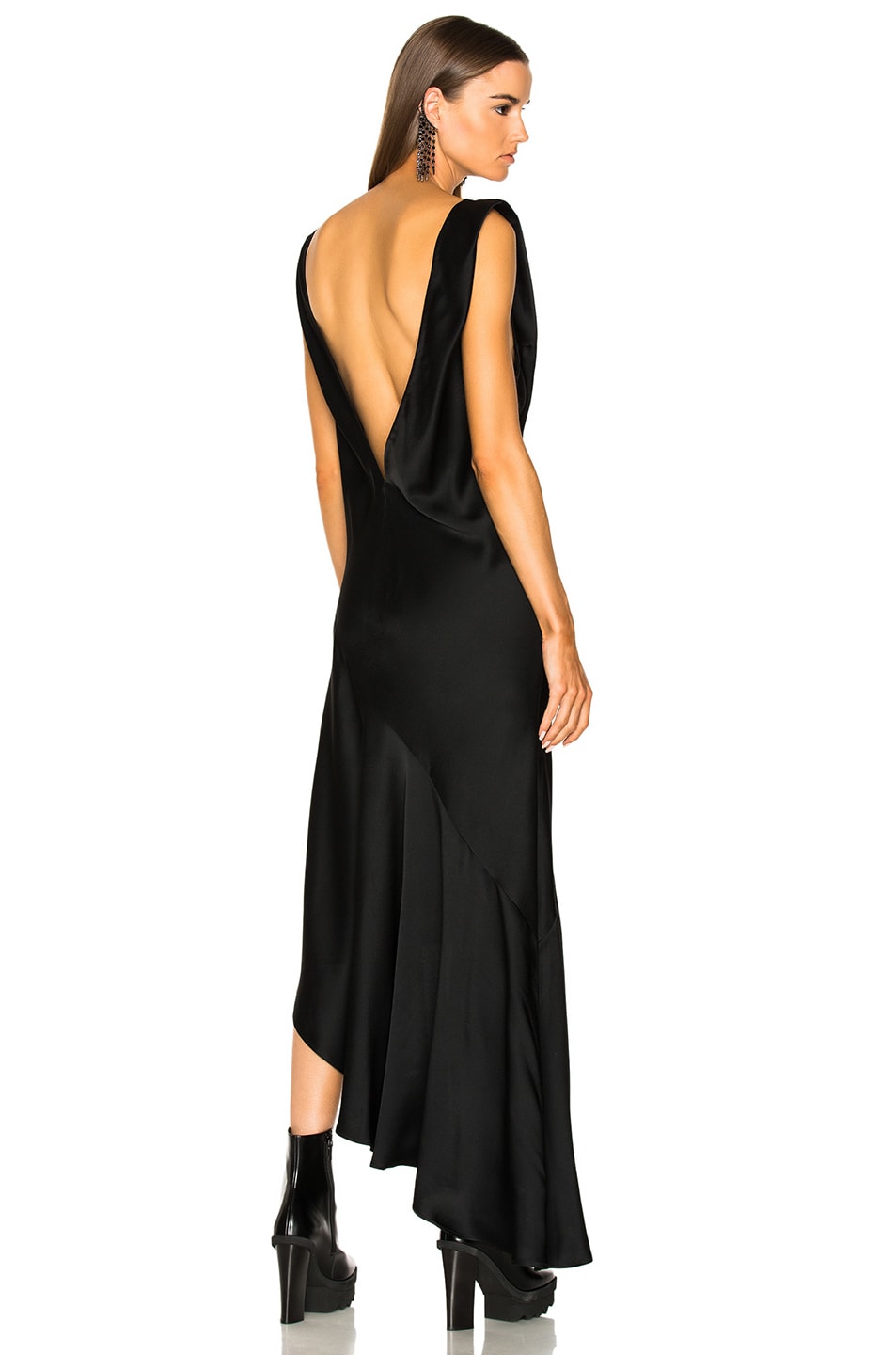 Image 1 of Haider Ackermann Asymmetric Hem V-Neck Dress in Shiny Black