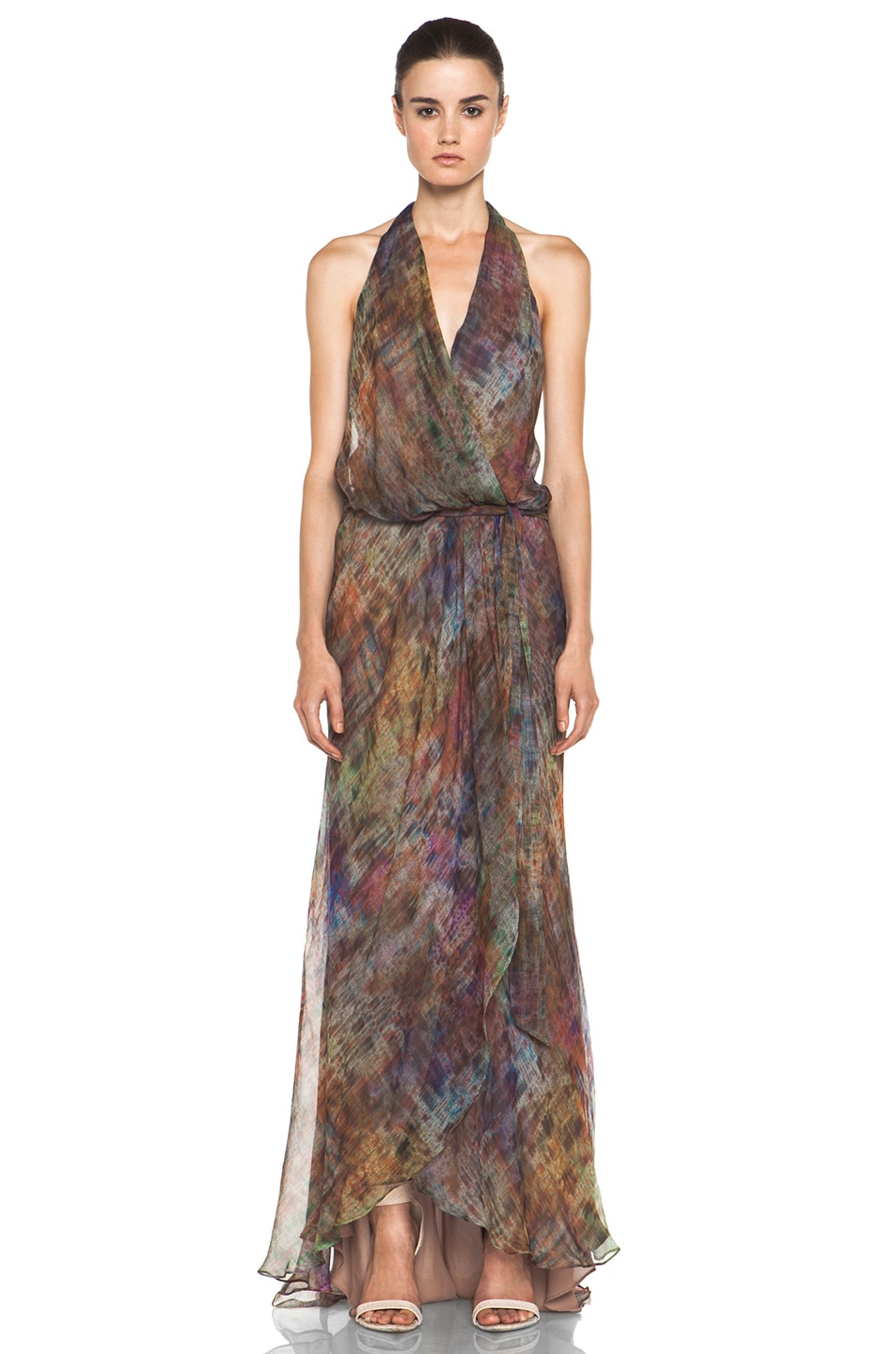 Image 1 of Haute Hippie Halter Gown with Cascading Ruffle in Multi