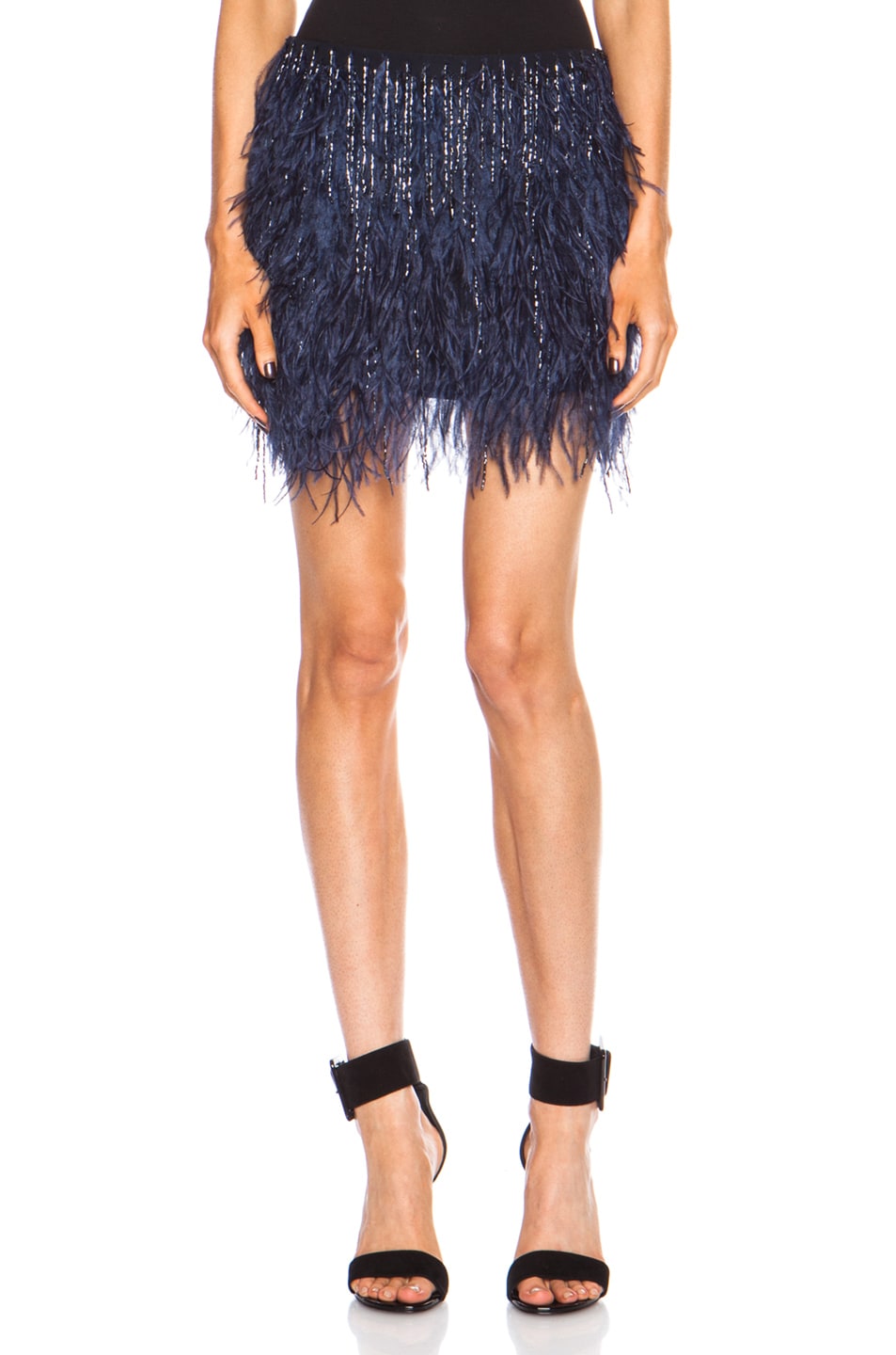Image 1 of Haute Hippie Ostrich Feather Mini Silk Skirt in Midnight