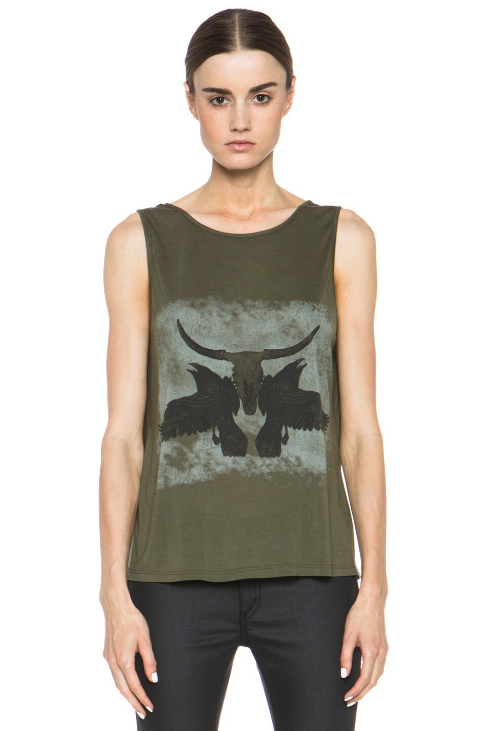 Image 1 of Haute Hippie Ravens and Longhorn Skull Tank in Fatigue & Black