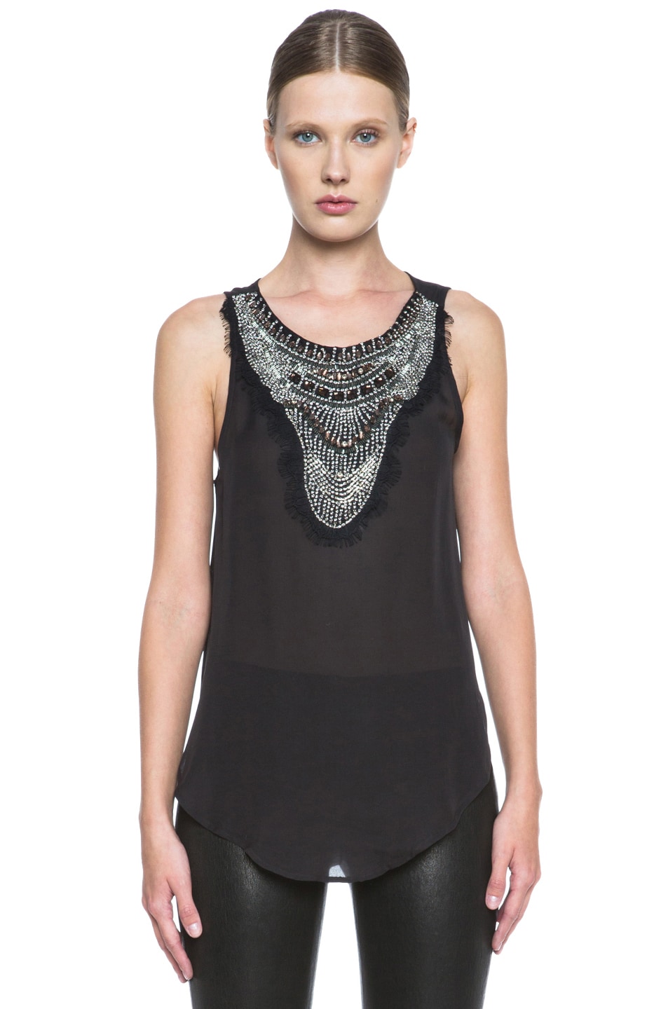 Image 1 of Haute Hippie Silk Blouse with Embellished Front in Carbon