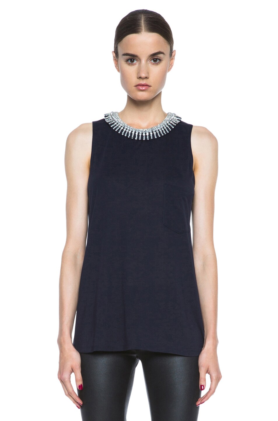 Image 1 of Haute Hippie Embellished Silk & Modal Muscle Tank in Midnight & Crystal