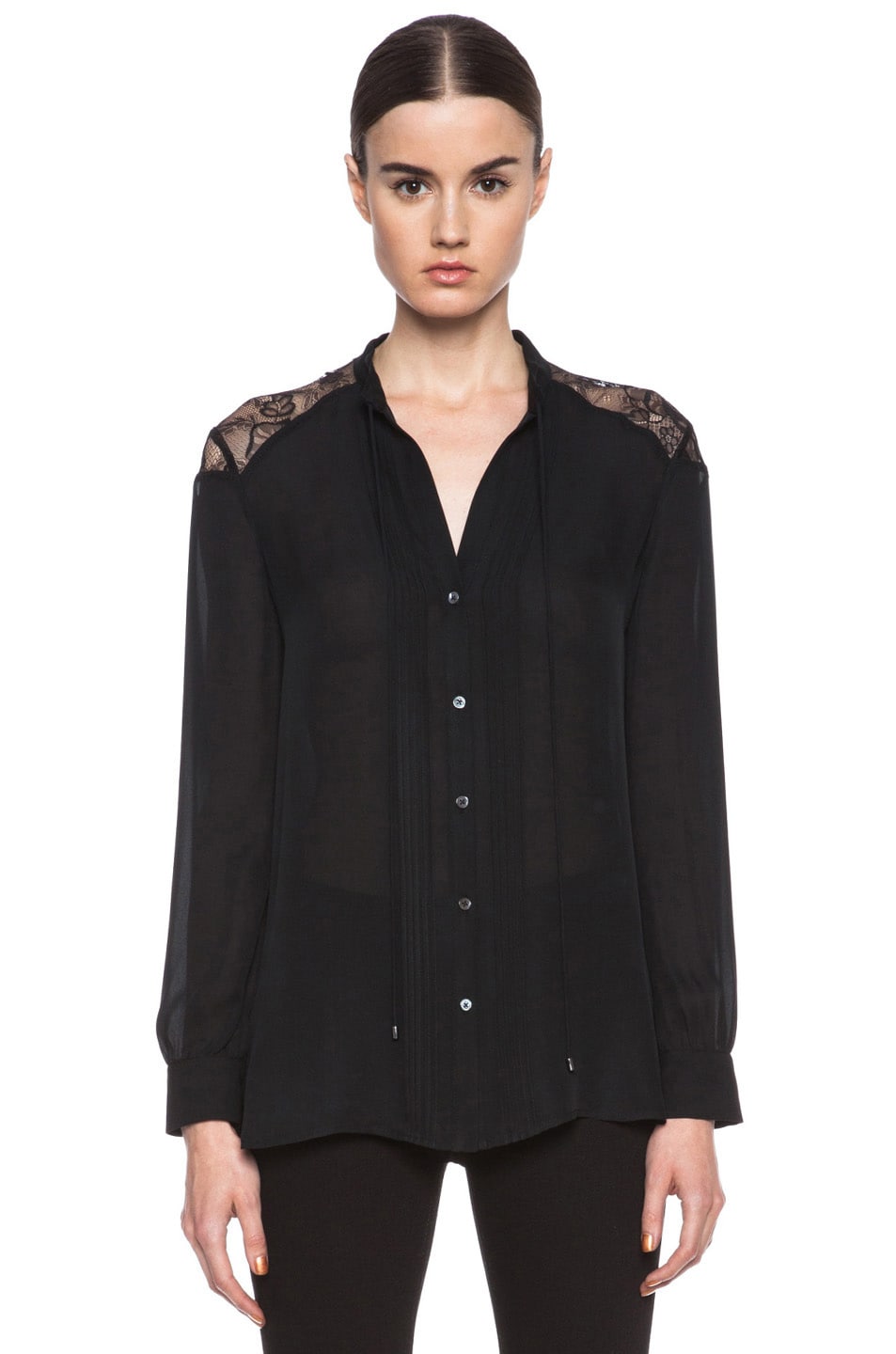 Image 1 of Haute Hippie Silk Top with Pleats & Lace in Black