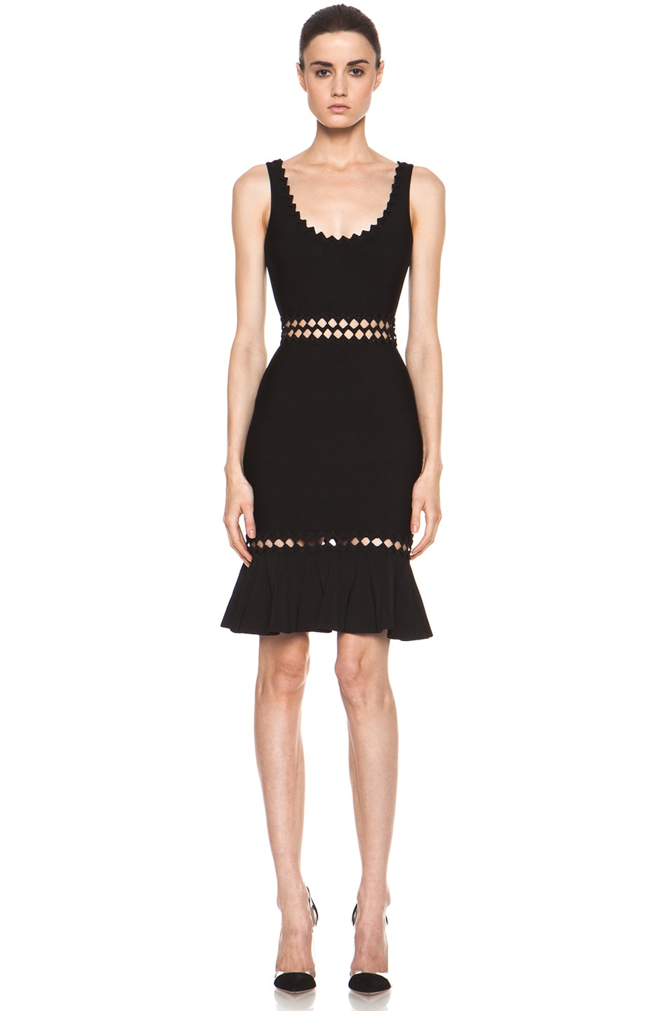 Image 1 of Herve Leger Cut Out Above the Knee Mermaid Cut Dress in Black