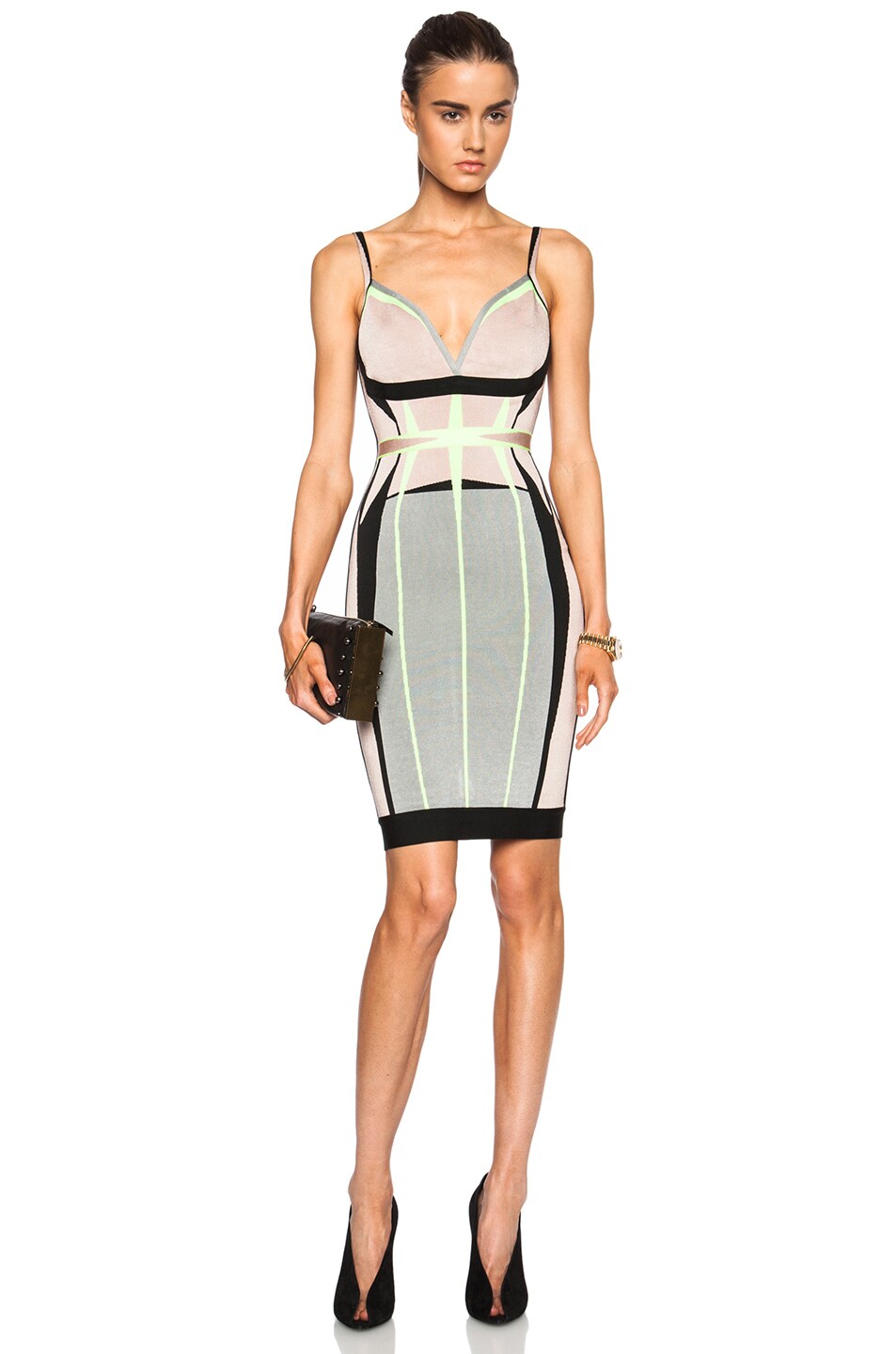 Image 1 of Herve Leger Nomi Viscose-Blend Dress in Neon Yellow Combo