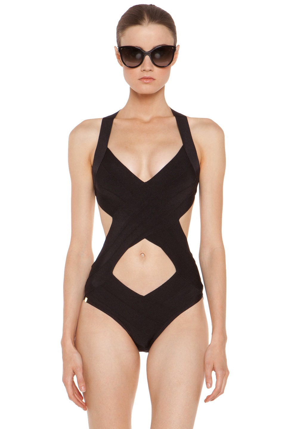 Image 1 of Herve Leger Criss Cross One Piece Swimsuit in Black
