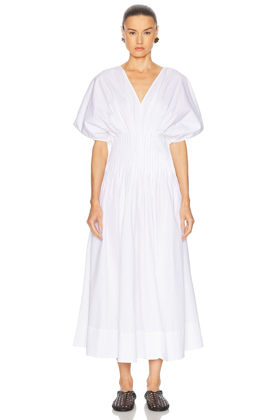Poplin V Neck Dress in White