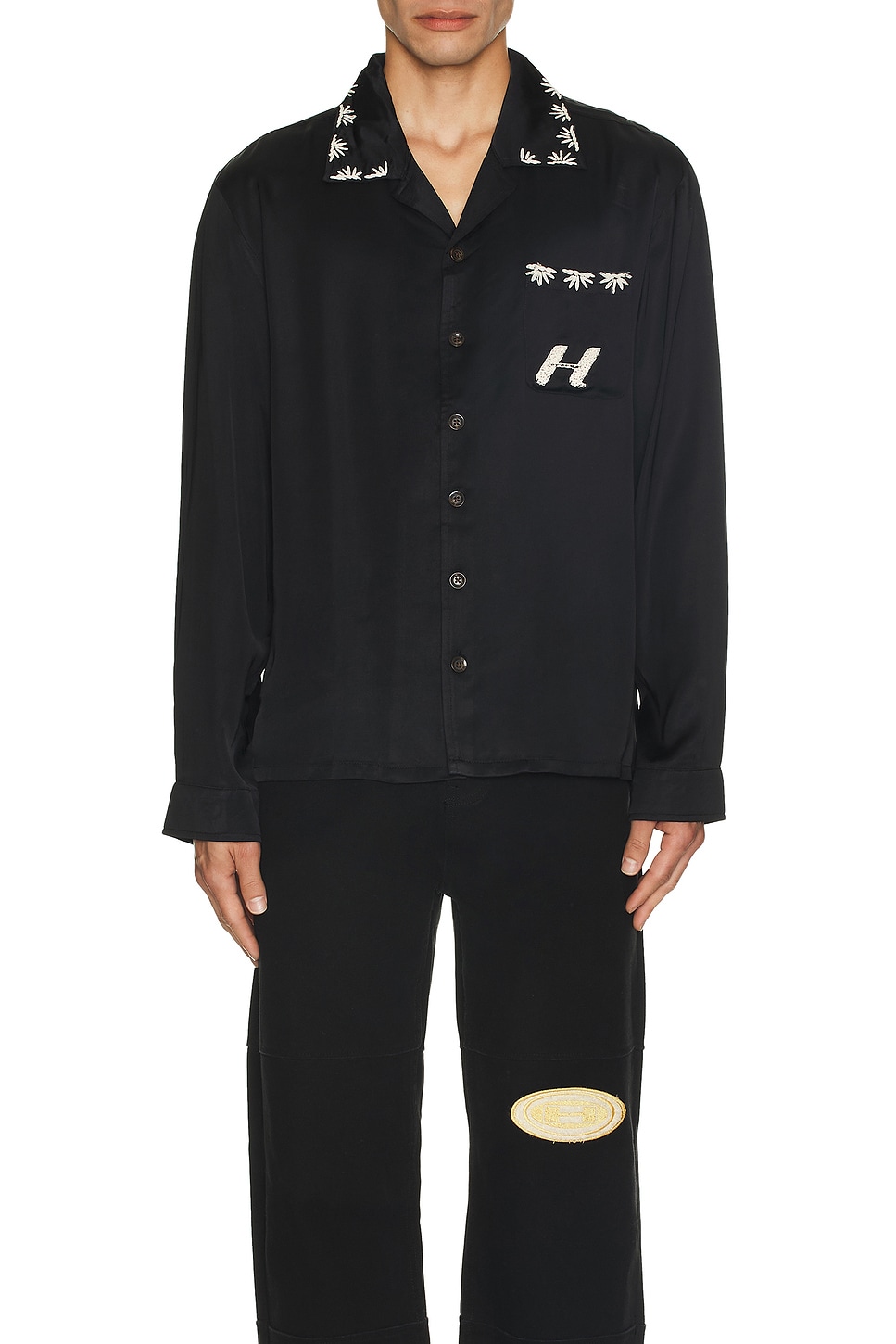 Image 1 of Honor The Gift Palm Stitch Long Sleeve Button Up in Black