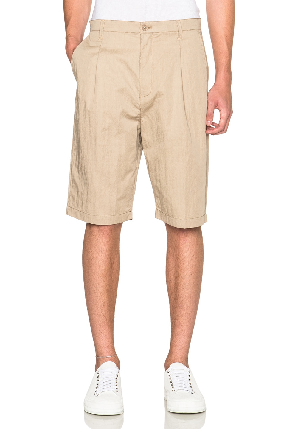 Image 1 of Helmut Lang Washed Sateen Pleated Shorts in Dark Sand