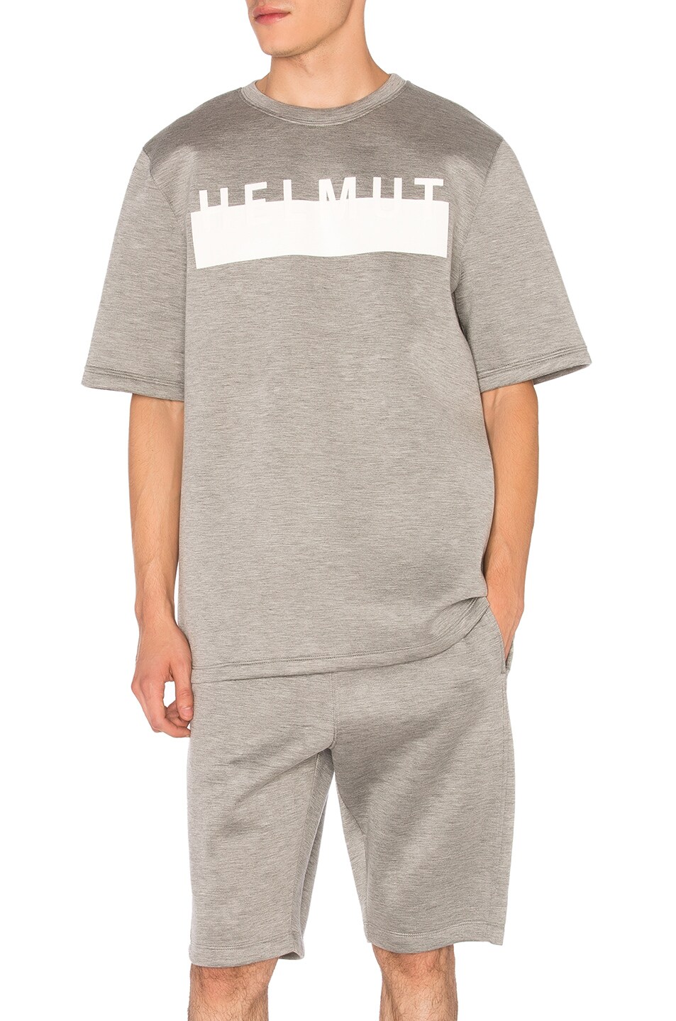 Image 1 of Helmut Lang Sponge Fleece Logo Short Sleeve Sweatshirt in Grey